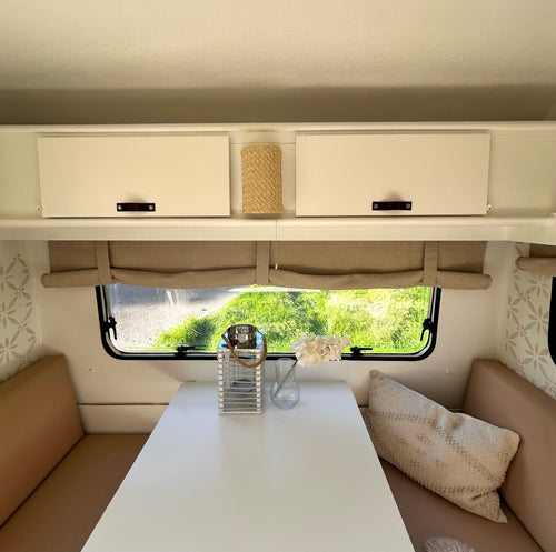 Verduisterende caravangordijnen - beige linnenlook